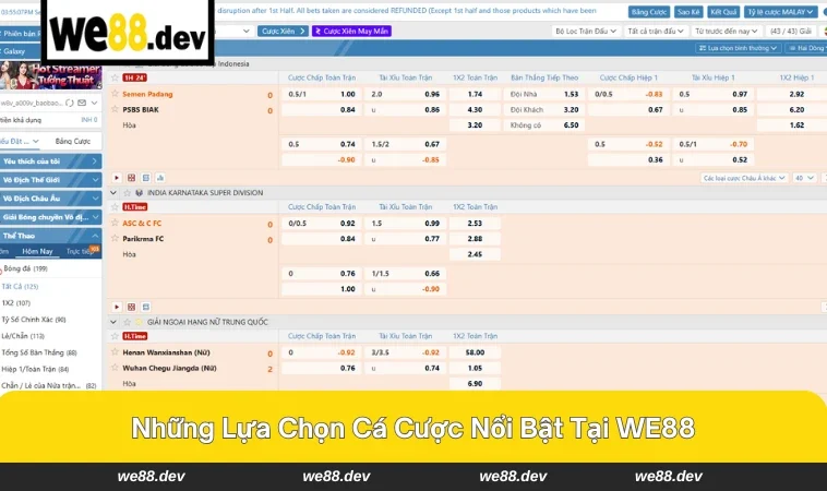Bảng kèo thể thao phong phú tại WE88.